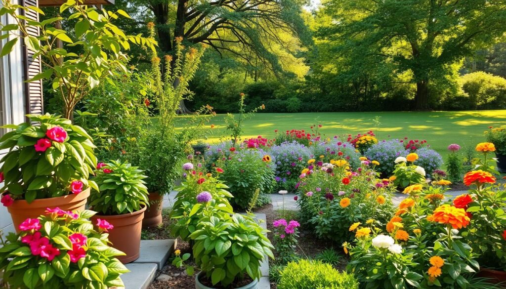A lush, meticulously tended garden filled with vibrant blooms and verdant foliage. In the foreground, a variety of thriving potted plants adorning a quaint patio or garden path, their leaves gently swaying in a soft breeze. The middle ground showcases a mix of colorful perennials and annuals, their petals catching the warm, golden sunlight. In the background, a well-maintained lawn transitions seamlessly into a backdrop of mature trees, casting soft, dappled shadows across the scene. The overall composition conveys a sense of peaceful tranquility and the joy of gardening, inviting the viewer to discover simple, accessible gardening techniques. Captured with a wide-angle lens and natural lighting, this image embodies the essence of "Einfache gartenideen für Anfänger und Fortgeschrittene".