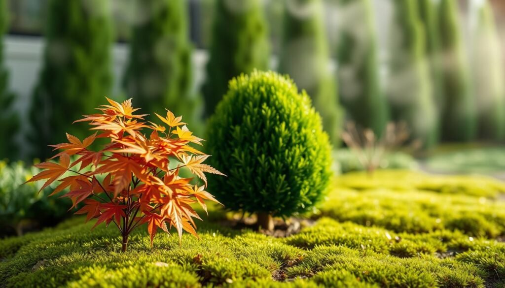A lush, miniature garden scene featuring several small, decorative tree species. In the foreground, a delicate Japanese maple with vibrant autumn foliage casts soft shadows on the mossy ground. In the middle ground, a compact, globe-shaped evergreen shrub such as a dwarf Alberta spruce stands tall. In the background, a row of slender, columnar trees like ornamental pears or hornbeams create a sense of depth and structure. Gentle, diffused lighting filters through wispy clouds, illuminating the verdant details. The overall composition conveys a tranquil, harmonious atmosphere suitable for a small, intimate garden space.