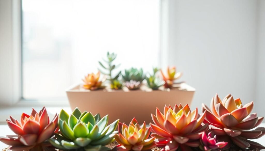 A lush, minimalist composition showcasing the fundamental elements of succulent plant care. In the foreground, a carefully arranged grouping of vibrant, textured succulents in various shapes and hues, their fleshy leaves casting soft shadows. The middle ground features a simple, modern planter or pot in a muted, earthy tone, highlighting the plants' graceful forms. The background is a clean, light-filled space, perhaps a sun-drenched windowsill or a minimalist shelving unit, creating a serene, calming atmosphere. The lighting is soft and natural, emphasizing the plants' delicate details and striking color palette. The overall mood is one of tranquility, order, and a reverence for the quiet beauty of these resilient, low-maintenance plants.