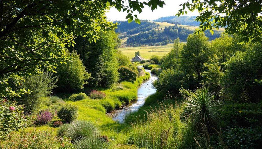 A lush, naturalistic garden oasis teeming with diverse flora and fauna. In the foreground, a verdant canopy of trees and shrubs creates a shaded, serene atmosphere. Sunlight filters through the leaves, casting a warm, golden glow. In the middle ground, a meandering stream winds its way through the landscape, its gentle babbling punctuated by the chirping of birds. Along the banks, wildflowers and native grasses sway in the soft breeze. In the background, a rolling hill covered in a patchwork of meadows and woodlands provides a picturesque backdrop. The overall scene exudes a sense of balance, harmony, and deep connection with the natural world.