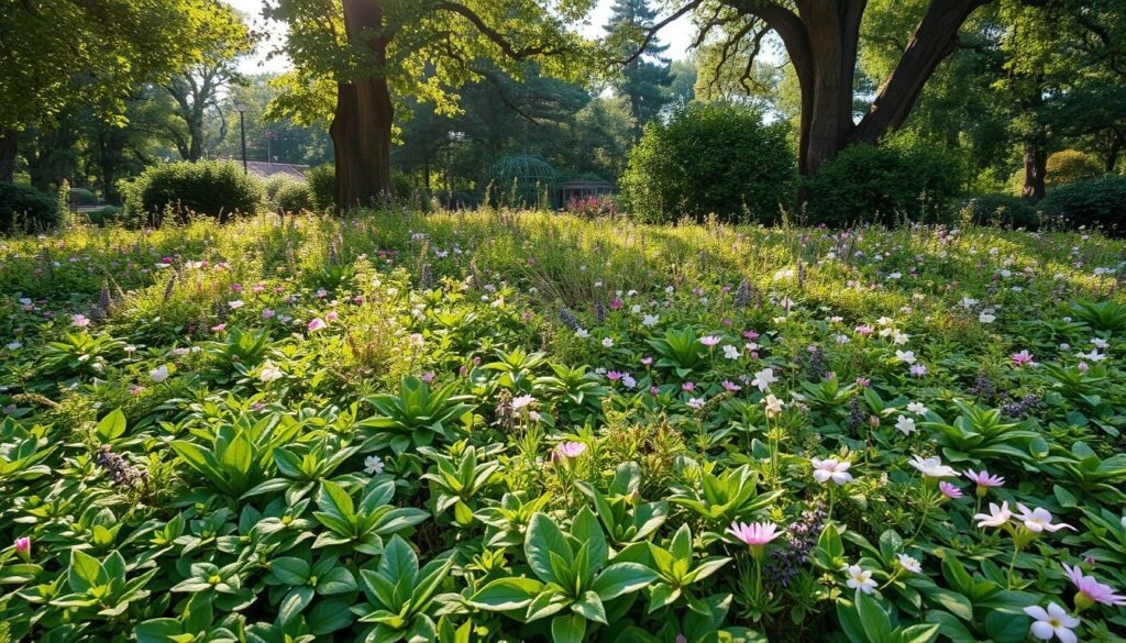 A lush, naturalistic ground cover planting with a vibrant mix of diverse native perennial species. Verdant foliage in a variety of textures and shades of green, punctuated by delicate flowers in soft hues of pink, purple, and white. Dappled sunlight filters through a canopy of mature trees, casting a warm, inviting glow over the scene. The composition reflects an idyllic, low-maintenance garden aesthetic, promoting biodiversity and a harmonious integration of human and natural elements. Shot with a wide-angle lens to capture the sprawling, immersive feel of the thriving groundcover ecosystem. A lush, naturalistic ground cover planting with a vibrant mix of diverse native perennial species. Verdant foliage in a variety of textures and shades of green, punctuated by delicate flowers in soft hues of pink, purple, and white. Dappled sunlight filters through a canopy of mature trees, casting a warm, inviting glow over the scene. The composition reflects an idyllic, low-maintenance garden aesthetic, promoting biodiversity and a harmonious integration of human and natural elements. Shot with a wide-angle lens to capture the sprawling, immersive feel of the thriving groundcover ecosystem.