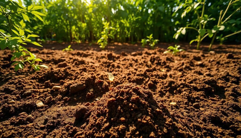 A lush, nutrient-rich garden bed, meticulously tilled and amended, provides the ideal foundation for thriving tomato plants. The soil, a deep, dark brown hue, teems with organic matter and beneficial microorganisms, creating a fertile, well-draining medium. Sunlight filters gently through a canopy of verdant foliage, casting a warm, golden glow over the scene. In the foreground, a handful of freshly turned soil reveals the rich, crumbly texture, hinting at the abundance of essential nutrients awaiting the tomato seedlings. The overall atmosphere conveys a sense of vibrant, healthy growth, setting the stage for a bountiful tomato harvest. A lush, nutrient-rich garden bed, meticulously tilled and amended, provides the ideal foundation for thriving tomato plants. The soil, a deep, dark brown hue, teems with organic matter and beneficial microorganisms, creating a fertile, well-draining medium. Sunlight filters gently through a canopy of verdant foliage, casting a warm, golden glow over the scene. In the foreground, a handful of freshly turned soil reveals the rich, crumbly texture, hinting at the abundance of essential nutrients awaiting the tomato seedlings. The overall atmosphere conveys a sense of vibrant, healthy growth, setting the stage for a bountiful tomato harvest.