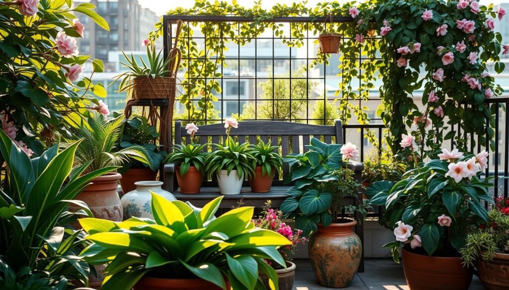 A lush patio oasis with an array of potted plants and blooming florals. In the foreground, a mix of vibrant tropical foliage spills over decorative ceramic planters. Mid-frame, a selection of verdant, well-tended container plants line a weathered wooden bench, casting dappled shadows. In the background, a wrought-iron trellis frames the scene, draped with cascading vines and flowering vines that add depth and charm. The overall composition is bathed in warm, golden-hour light, creating a serene, inviting ambiance perfect for a cozy, plant-filled balcony or terrace. A lush patio oasis with an array of potted plants and blooming florals. In the foreground, a mix of vibrant tropical foliage spills over decorative ceramic planters. Mid-frame, a selection of verdant, well-tended container plants line a weathered wooden bench, casting dappled shadows. In the background, a wrought-iron trellis frames the scene, draped with cascading vines and flowering vines that add depth and charm. The overall composition is bathed in warm, golden-hour light, creating a serene, inviting ambiance perfect for a cozy, plant-filled balcony or terrace.