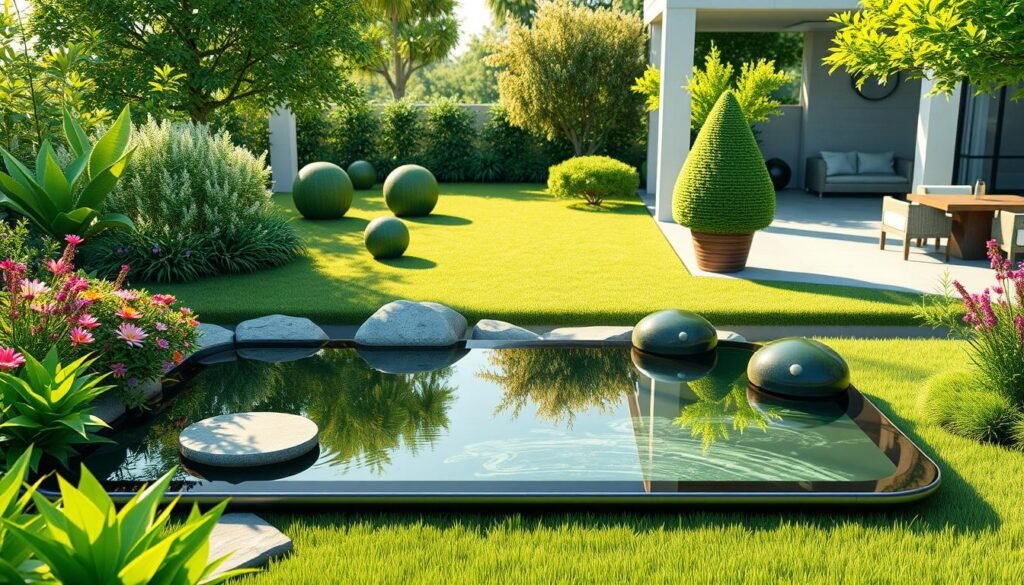 A lush, photorealistic 3D garden design visualized on a sleek, futuristic tablet display. The foreground showcases a serene pond with stepping stones and flowing water, surrounded by verdant foliage and vibrant flowers. The middle ground features a perfectly manicured lawn dotted with sculptural shrubs and trees, their shadows cast by warm, directional lighting. In the background, a modern patio with comfortable seating overlooks the tranquil scene, creating a harmonious indoor-outdoor living space. The entire composition exudes a sense of digital sophistication and immersive, nature-inspired design.