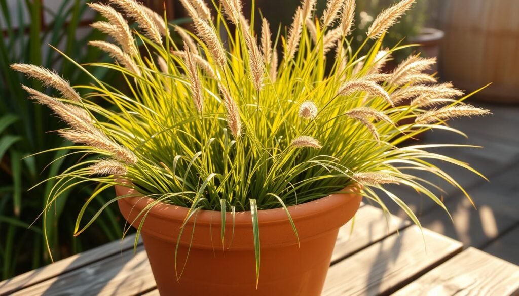 A lush, potted garden scene with a variety of ornamental grasses in a warm, sunlit setting. Delicate, swaying blades of green, amber, and purple hues sway gently in a soft breeze, casting soft shadows on the terracotta pot. The grasses are carefully arranged in a harmonious composition, creating a sense of balance and natural beauty. The pot is placed on a weathered wooden surface, adding a rustic, earthy element to the scene. Warm, golden sunlight filters through, casting a cozy, inviting atmosphere. The image conveys a sense of serenity and the joy of bringing the beauty of nature into an intimate outdoor living space.
