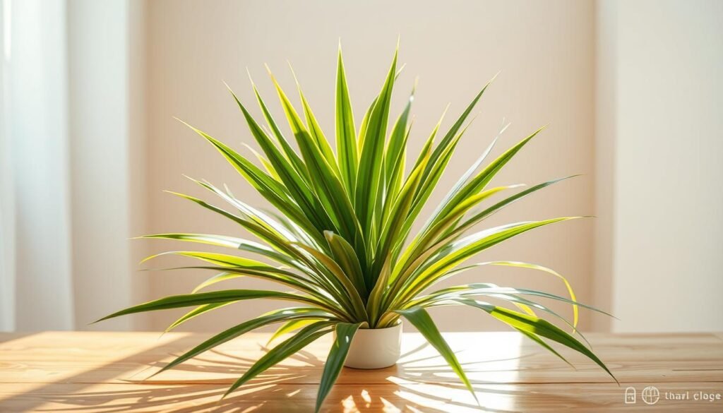 A lush, seasonal Dracaena plant nestled in a cozy, sunlit indoor setting. The plant's vibrant green, sword-like leaves fan out gracefully, casting delicate shadows on the warm-toned wooden table it rests upon. Soft, diffused lighting illuminates the scene, creating a serene and tranquil atmosphere. In the background, a gently blurred, neutral-colored wall provides a clean, minimalist backdrop, allowing the plant to take center stage. The overall composition conveys a sense of harmony and natural balance, perfectly capturing the essence of seasonal Dracaena care.