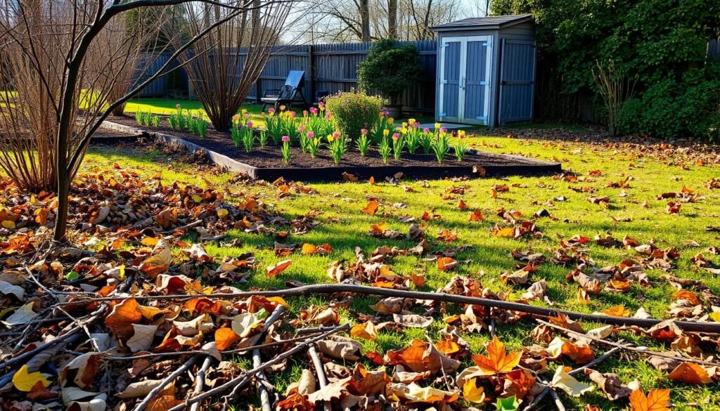 A lush, sprawling garden in the midst of early spring. The foreground is littered with fallen leaves, twigs, and other winter remnants, waiting to be raked and cleared away. The middle ground features a well-tended flowerbed, its soil freshly tilled and waiting to be planted with vibrant blooms. In the background, a quaint wooden shed stands, its weathered exterior hinting at the tools and supplies it houses, ready to aid in the spring gardening tasks. The scene is bathed in soft, warm light, casting gentle shadows and creating a sense of tranquility and anticipation for the growing season ahead.