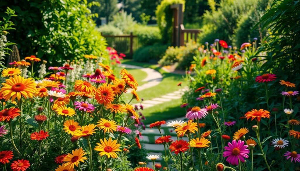 A lush summer garden in warm natural lighting, with a vibrant display of colorful blooming flowers in the foreground. An array of different flowers, such as sunflowers, marigolds, zinnias, and cosmos, are arranged in a visually pleasing composition, creating a captivating focal point. The middle ground features a winding garden path leading deeper into the scene, with verdant foliage and shrubbery framing the edges. In the background, a glimpse of a rustic wooden fence or trellis can be seen, adding depth and a sense of enclosure to the idyllic setting. The overall atmosphere is one of tranquility, warmth, and the vibrant, joyful essence of a summer garden in full bloom.
