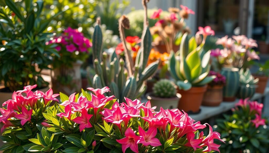 A lush, sun-dappled garden scene featuring a centerpiece of vibrant, tropical-looking oleander plants in full bloom. The oleanders are arranged in the foreground, their waxy, pink flowers framed by lush, green foliage. In the middle ground, a variety of other potted plants, including some with unusual shapes and textures, are carefully arranged to create a visually striking composition. The background is softly blurred, suggesting an outdoor setting with a subtle, warm-toned ambiance. The lighting is natural and flattering, highlighting the plants' vivid colors and intricate details. The overall impression is one of carefully curated, high-maintenance botanical splendor.