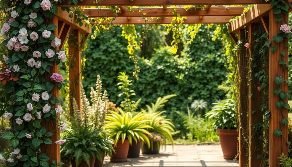 A lush, sun-dappled garden scene with a wooden trellis or arbor as the focal point. In the foreground, various climbing vines and flowering plants intertwine gracefully, their vibrant colors and delicate textures contrasting with the warm, weathered wood of the structure. In the middle ground, a mix of potted plants, such as ferns and trailing ivy, frame the trellis, creating a natural, cohesive composition. The background features a verdant backdrop of foliage, hinting at a serene, bucolic setting. The lighting is soft and diffused, lending a tranquil, almost ethereal quality to the scene. Captured with a wide-angle lens to emphasize the harmonious integration of the trellis and the surrounding plants. A lush, sun-dappled garden scene with a wooden trellis or arbor as the focal point. In the foreground, various climbing vines and flowering plants intertwine gracefully, their vibrant colors and delicate textures contrasting with the warm, weathered wood of the structure. In the middle ground, a mix of potted plants, such as ferns and trailing ivy, frame the trellis, creating a natural, cohesive composition. The background features a verdant backdrop of foliage, hinting at a serene, bucolic setting. The lighting is soft and diffused, lending a tranquil, almost ethereal quality to the scene. Captured with a wide-angle lens to emphasize the harmonious integration of the trellis and the surrounding plants.
