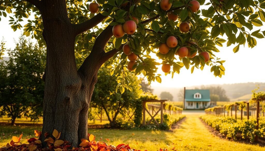 A lush, sun-dappled orchard in early autumn. In the foreground, a weathered, gnarled apple tree stands proudly, its branches heavy with ripe, juicy fruit. Scattered around the tree's base, fallen leaves in shades of gold and amber hint at the changing seasons. The middle ground reveals a well-tended garden, with rows of thriving vegetable plants and the gentle curve of a wooden trellis supporting climbing vines. In the distant background, a quaint farmhouse nestles amidst rolling hills, its warm, inviting windows glowing softly. The scene is bathed in a soft, golden light, creating an atmosphere of tranquility and abundance. A faint breeze rustles the leaves, promising a bountiful harvest to come. A lush, sun-dappled orchard in early autumn. In the foreground, a weathered, gnarled apple tree stands proudly, its branches heavy with ripe, juicy fruit. Scattered around the tree's base, fallen leaves in shades of gold and amber hint at the changing seasons. The middle ground reveals a well-tended garden, with rows of thriving vegetable plants and the gentle curve of a wooden trellis supporting climbing vines. In the distant background, a quaint farmhouse nestles amidst rolling hills, its warm, inviting windows glowing softly. The scene is bathed in a soft, golden light, creating an atmosphere of tranquility and abundance. A faint breeze rustles the leaves, promising a bountiful harvest to come.