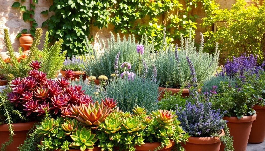 A lush, sun-drenched Mediterranean garden with a collection of thriving potted plants. In the foreground, a vibrant array of colorful succulents and trailing vines spill over the edges of terracotta pots. In the middle ground, a mix of fragrant herbs like rosemary, lavender, and thyme grow in neat rows, their leaves rustling gently in a soft breeze. The background features a stone wall partially covered in verdant ivy, casting a warm, dappled light across the scene. The overall mood is one of serene, natural beauty, inviting the viewer to imagine the sights, scents, and sensations of a well-tended Mediterranean oasis. A lush, sun-drenched Mediterranean garden with a collection of thriving potted plants. In the foreground, a vibrant array of colorful succulents and trailing vines spill over the edges of terracotta pots. In the middle ground, a mix of fragrant herbs like rosemary, lavender, and thyme grow in neat rows, their leaves rustling gently in a soft breeze. The background features a stone wall partially covered in verdant ivy, casting a warm, dappled light across the scene. The overall mood is one of serene, natural beauty, inviting the viewer to imagine the sights, scents, and sensations of a well-tended Mediterranean oasis.