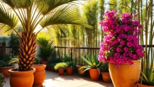 A lush, sun-drenched patio filled with an array of heat-tolerant container plants. In the foreground, a majestic Canary Island date palm sways gently in the warm breeze, its fronds casting intricate shadows on the terracotta pots clustered around its base. Nearby, a vibrant bougainvillea cascades over the edge of a large, weathered planter, its fuchsia bracts contrasting beautifully with the deep green of its foliage. In the midground, a row of sturdy agave plants stand tall, their thick, spiny leaves soaking up the intense sunlight. In the background, a row of towering bamboo stalks provide a lush, tropical backdrop, their delicate leaves rustling softly. The entire scene is bathed in a warm, golden glow, creating a serene and inviting atmosphere perfect for a sunny balcony or patio.