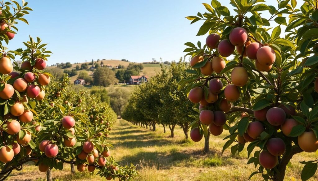 A lush, sunlit orchard with an array of diverse fruit trees. In the foreground, a visual comparison of several apple, pear, and plum varieties, their branches heavy with ripe, colorful produce. The middle ground features a mix of mature deciduous trees, their leaves gently swaying in a warm breeze. In the background, a rolling, pastoral landscape with a picturesque farmhouse and a clear, azure sky. The scene is captured with a wide-angle lens, bathed in soft, golden natural lighting that accentuates the textures and hues of the orchard's bounty. An inviting, idyllic representation of a bountiful fruit tree comparison. A lush, sunlit orchard with an array of diverse fruit trees. In the foreground, a visual comparison of several apple, pear, and plum varieties, their branches heavy with ripe, colorful produce. The middle ground features a mix of mature deciduous trees, their leaves gently swaying in a warm breeze. In the background, a rolling, pastoral landscape with a picturesque farmhouse and a clear, azure sky. The scene is captured with a wide-angle lens, bathed in soft, golden natural lighting that accentuates the textures and hues of the orchard's bounty. An inviting, idyllic representation of a bountiful fruit tree comparison.