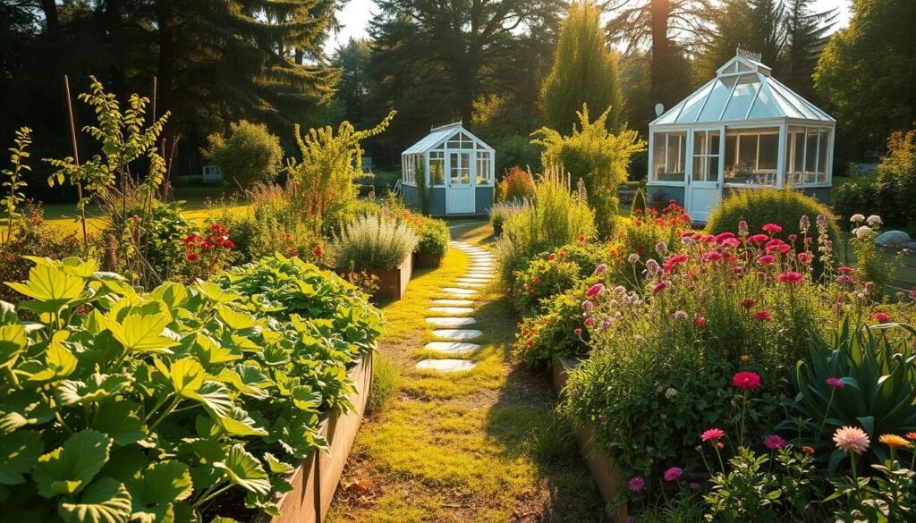 A lush, sustainable garden with vibrant greenery and colorful blooms, bathed in warm, golden sunlight. In the foreground, raised garden beds filled with thriving vegetables and herbs, their leaves gently swaying. In the middle ground, a winding path leads through a mix of native perennials and flowering shrubs, creating a serene and inviting atmosphere. In the background, a small greenhouse sits nestled among towering trees, its glass panels reflecting the natural surroundings. The overall scene exudes a sense of harmony, where nature and human elements coexist in a balanced, low-maintenance landscape.