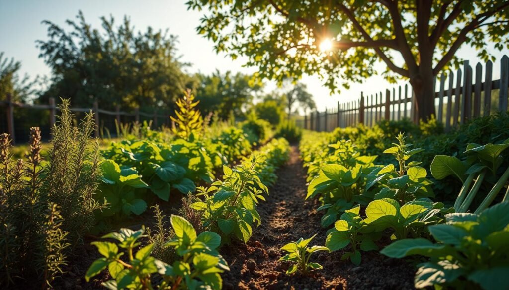 A lush, sustainable herb garden thrives in the warm afternoon sunlight, its vibrant foliage casting gentle shadows across the carefully tended soil. Rows of fragrant rosemary, basil, and thyme are interspersed with the broad leaves of kale and chard, creating a harmonious tapestry of green hues. Sunlight filters through the canopy of a nearby fruit tree, casting a soft, golden glow over the scene. The garden is enclosed by a low, weathered wooden fence, suggesting a sense of tranquility and seclusion. Overall, the image conveys a feeling of balance, nourishment, and a deep connection to the natural world.