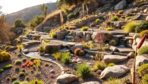 A lush, terraced stone garden cascades down a sun-dappled hillside, its carefully-placed boulders and gravel pathways winding through vibrant, drought-tolerant plants. Gentle streams and miniature waterfalls meander through the landscape, their soothing sounds echoing against the weathered stone retaining walls. Carefully-curated succulents, ornamental grasses, and fragrant herbs thrive in the well-drained soil, their delicate colors and textures complementing the rugged, earthy tones of the stone. The scene is bathed in warm, golden afternoon light, creating a serene, contemplative atmosphere perfect for a tranquil mountain retreat.