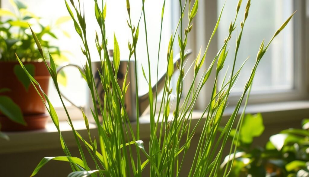 A lush, thriving Glücksbambus plant positioned in the foreground, its verdant green stalks and leaves gently swaying in the soft, ambient lighting. The middle ground features a decorative ceramic watering can, its metallic surface catching the light as it stands ready to nourish the plant. The background is a serene, natural setting, perhaps a sun-dappled windowsill or a tranquil corner of a greenhouse, creating a soothing, peaceful atmosphere. The composition is balanced, with the Glücksbambus taking center stage, conveying a sense of harmony and the plant's optimal growth conditions.