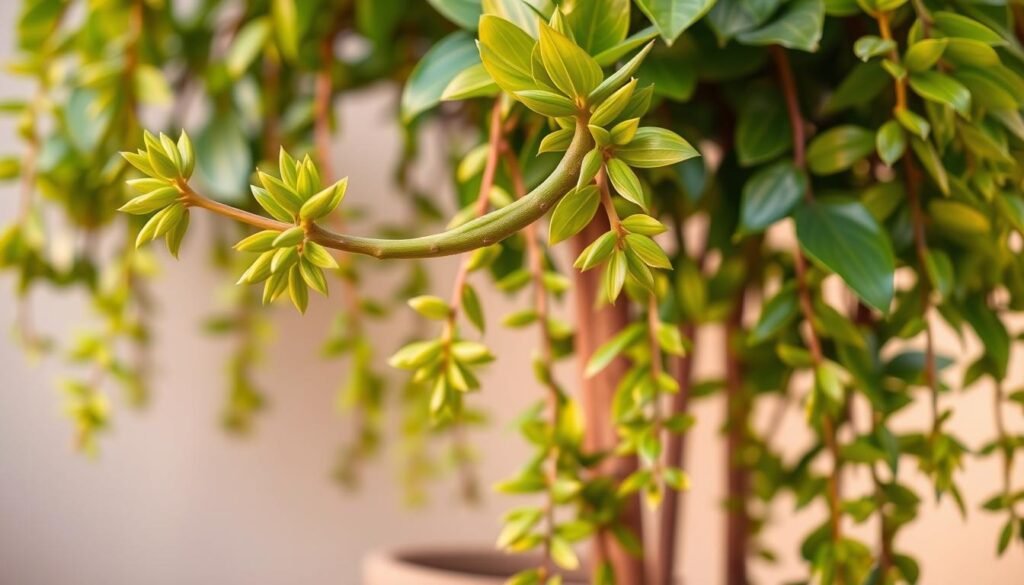 A lush, thriving Zamioculcas zamiifolia plant, its vibrant green leaves cascading gracefully. The foreground features a single, thick stem dividing into multiple offshoots, each with a distinct leaf cluster. The middle ground showcases the plant's resilient nature, with new growth emerging from the base. The background depicts a soft, blurred environment, allowing the Zamioculcas to be the focal point. Warm, diffused lighting bathes the scene, highlighting the plant's waxy, succulent leaves. The overall composition conveys a sense of harmony and the plant's capacity for propagation, reflecting the theme of "Vermehrung und Schnitttechniken".