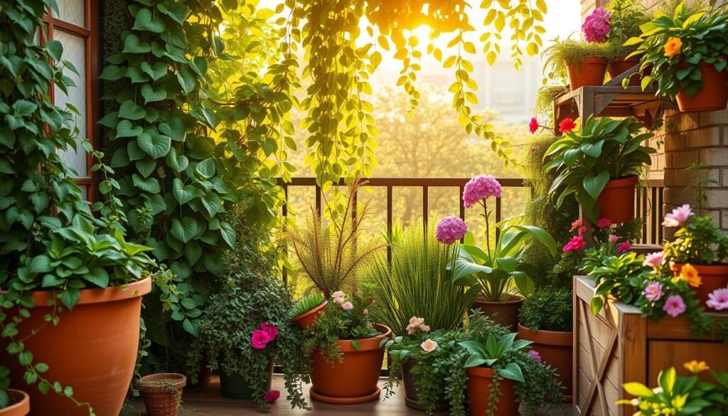 A lush, thriving balcony garden with an abundance of vibrant, sustainable foliage. Cascading vines, trailing succulents, and blooming potted plants create a verdant, low-maintenance oasis. Shafts of warm, golden sunlight filter through leafy, eco-friendly arrangements, casting a serene, natural glow. Terracotta pots and weathered wooden planters blend seamlessly with the earthy, organic aesthetic. A harmonious composition that showcases the beauty and practicality of a sustainable balcony landscape.