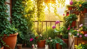 A lush, thriving balcony garden with an abundance of vibrant, sustainable foliage. Cascading vines, trailing succulents, and blooming potted plants create a verdant, low-maintenance oasis. Shafts of warm, golden sunlight filter through leafy, eco-friendly arrangements, casting a serene, natural glow. Terracotta pots and weathered wooden planters blend seamlessly with the earthy, organic aesthetic. A harmonious composition that showcases the beauty and practicality of a sustainable balcony landscape.