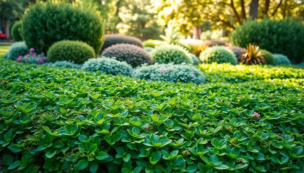 A lush, thriving garden bed filled with a variety of low-growing, evergreen Bodendecker plants. The foreground showcases a carpet of dense, vibrant foliage in shades of green, with delicate, trailing vines and small, colorful flowers. The middle ground features larger, mounded Bodendecker plants in diverse textures and hues, creating a visually interesting tapestry. The background gently fades into a warm, natural setting, with soft, dappled lighting filtering through a canopy of trees. The overall scene conveys a sense of low-maintenance, hardy, and resilient groundcover plants that are well-suited for beginner and experienced gardeners alike. A lush, thriving garden bed filled with a variety of low-growing, evergreen Bodendecker plants. The foreground showcases a carpet of dense, vibrant foliage in shades of green, with delicate, trailing vines and small, colorful flowers. The middle ground features larger, mounded Bodendecker plants in diverse textures and hues, creating a visually interesting tapestry. The background gently fades into a warm, natural setting, with soft, dappled lighting filtering through a canopy of trees. The overall scene conveys a sense of low-maintenance, hardy, and resilient groundcover plants that are well-suited for beginner and experienced gardeners alike.