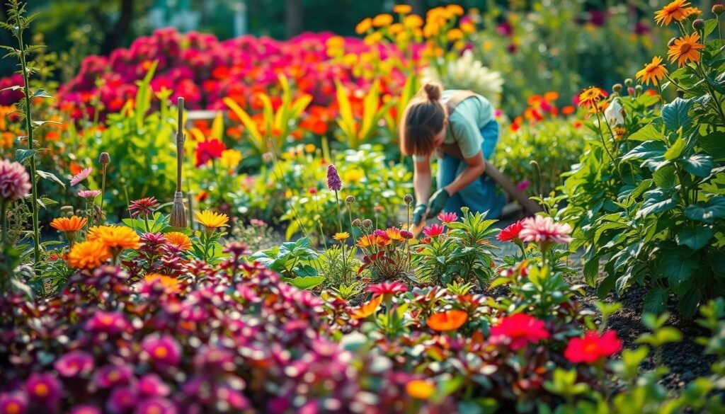 A lush, thriving garden with alternative gardening techniques in the foreground. In the middle, a person tending to a flower bed using innovative tools and methods. In the background, a vibrant, colorful array of plants and flowers, illuminated by warm, natural lighting. The scene conveys a sense of harmony and sustainability, showcasing unique and unconventional approaches to gardening. The composition is visually balanced, with a focus on the alternative gardening practices at the center. The overall atmosphere is one of creativity, experimentation, and a deep connection to the natural world.