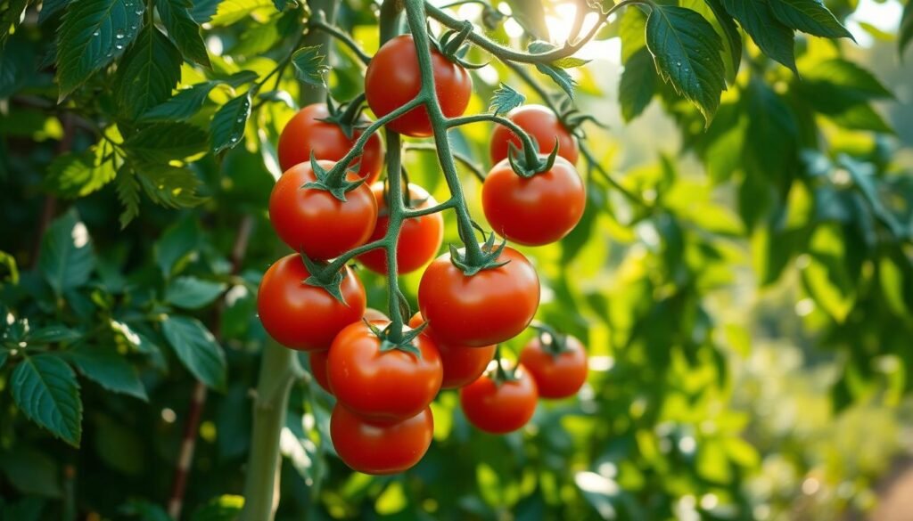 A lush tomato plant, its leaves glistening with morning dew, stands tall against a backdrop of verdant foliage. Sunlight filters through the canopy, casting a soft, warm glow on the scene. In the foreground, clusters of plump, ripe tomatoes hang from the vines, their deep red hues contrasting with the vibrant green stems. The composition is balanced, with a sense of tranquility and natural abundance. The image conveys the importance of preventative measures to protect the tomato crop from Braunfäule, a fungal disease that can devastate the harvest. The overall tone is one of hope and healthy growth, reflecting the guidance provided in the article on caring for tomato plants. A lush tomato plant, its leaves glistening with morning dew, stands tall against a backdrop of verdant foliage. Sunlight filters through the canopy, casting a soft, warm glow on the scene. In the foreground, clusters of plump, ripe tomatoes hang from the vines, their deep red hues contrasting with the vibrant green stems. The composition is balanced, with a sense of tranquility and natural abundance. The image conveys the importance of preventative measures to protect the tomato crop from Braunfäule, a fungal disease that can devastate the harvest. The overall tone is one of hope and healthy growth, reflecting the guidance provided in the article on caring for tomato plants.