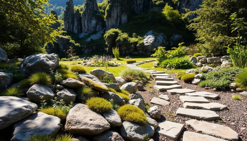 A lush, tranquil Steingarten (rock garden) nestled in a serene, sun-dappled landscape. In the foreground, an artfully arranged display of weathered stones, mosses, and delicate alpine plants create a captivating focal point. The middle ground features a meandering path of natural stepping stones, leading the eye deeper into the garden. In the background, a backdrop of verdant foliage and towering, jagged rock formations casts gentle shadows, evoking a sense of timeless, natural beauty. The lighting is soft and diffused, creating a warm, inviting atmosphere. The overall composition emphasizes the harmony between the carefully curated elements and the untamed, organic nature of the Steingarten. A lush, tranquil Steingarten (rock garden) nestled in a serene, sun-dappled landscape. In the foreground, an artfully arranged display of weathered stones, mosses, and delicate alpine plants create a captivating focal point. The middle ground features a meandering path of natural stepping stones, leading the eye deeper into the garden. In the background, a backdrop of verdant foliage and towering, jagged rock formations casts gentle shadows, evoking a sense of timeless, natural beauty. The lighting is soft and diffused, creating a warm, inviting atmosphere. The overall composition emphasizes the harmony between the carefully curated elements and the untamed, organic nature of the Steingarten.