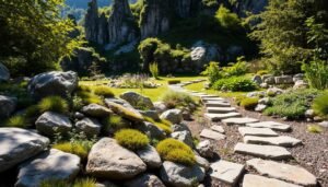 A lush, tranquil Steingarten (rock garden) nestled in a serene, sun-dappled landscape. In the foreground, an artfully arranged display of weathered stones, mosses, and delicate alpine plants create a captivating focal point. The middle ground features a meandering path of natural stepping stones, leading the eye deeper into the garden. In the background, a backdrop of verdant foliage and towering, jagged rock formations casts gentle shadows, evoking a sense of timeless, natural beauty. The lighting is soft and diffused, creating a warm, inviting atmosphere. The overall composition emphasizes the harmony between the carefully curated elements and the untamed, organic nature of the Steingarten.