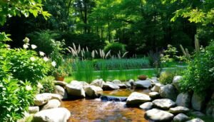 A lush, tranquil garden oasis with a central water feature and artfully arranged stone elements. In the foreground, a gently flowing stream or pond, its surface reflecting the dappled sunlight. Bordering the water, an assortment of smooth, weathered boulders and flat stones create a zen-like arrangement. Leafy plants and flowers in muted greens, whites, and purples frame the scene, adding depth and natural texture. The middle ground showcases a mix of ornamental grasses, ferns, and other low-growing foliage, drawing the eye inward. In the background, a verdant, densely wooded area provides a serene, forest-like backdrop, the dappled light filtering through the canopy. Overall, a tranquil, harmonious composition that evokes a sense of peaceful contemplation.