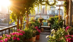 A lush, urban balcony garden bathed in warm, late afternoon sunlight. In the foreground, a vibrant array of potted plants and flowers, their petals gently swaying in a soft breeze. Mid-ground, a cozy seating area invites contemplation, surrounded by trailing vines and cascading greenery. In the background, the cityscape frames the scene, its buildings and infrastructure softened by the verdant oasis. The composition is balanced, with a sense of harmony and tranquility, inviting the viewer to imagine themselves in this serene, verdant haven, a peaceful retreat from the bustle of the city.