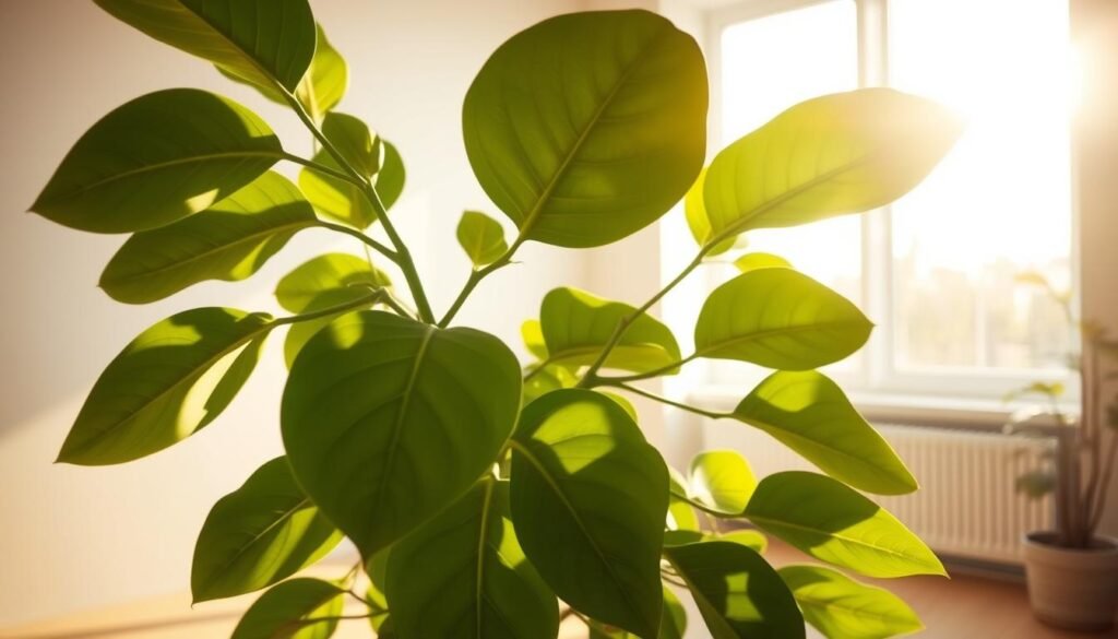 A lush, verdant Ficus lyrata (Fiddle-Leaf Fig) plant basking in soft, warm natural light. The broad, violin-shaped leaves are meticulously detailed, capturing their distinctive texture and vibrant green hue. The plant is positioned in the foreground, its branches gently swaying as if animated by a gentle breeze. The middle ground features a minimalist, airy interior setting with clean lines and muted colors, allowing the plant to be the focal point. The background showcases a large window, allowing the golden afternoon sunlight to flood the scene, casting a gentle, diffused glow over the entire composition. The overall mood is one of serenity, tranquility, and the harmonious coexistence of nature and modern design.