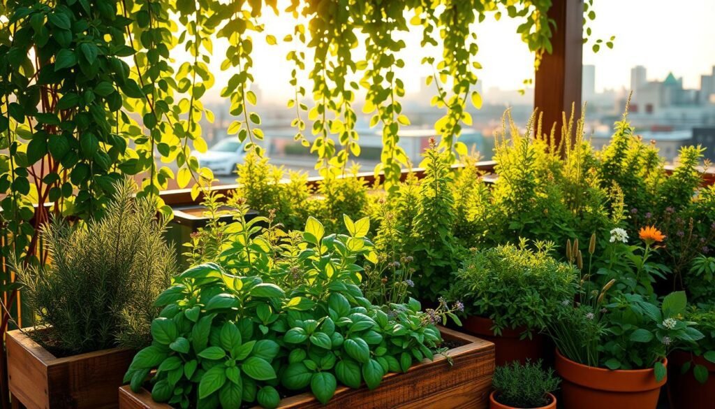 A lush, verdant balcony garden filled with thriving herb plants, bathed in warm, golden sunlight filtering through a trellis of trailing vines. In the foreground, a wooden planter box overflows with fragrant rosemary, basil, and thyme, their vibrant green leaves gently swaying. In the middle ground, terra cotta pots hold healthy, bushy oregano and chives, their delicate flowers adding pops of color. The background reveals a glimpse of the city skyline, a serene contrast to the abundant, nourishing greenery. The scene exudes a sense of tranquility and the rewarding simplicity of urban gardening.