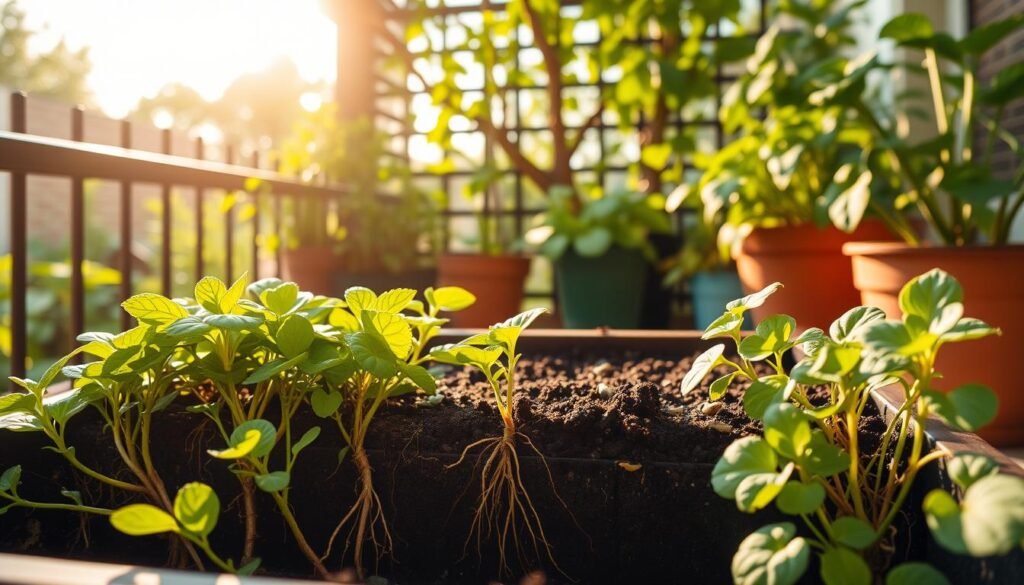A lush, verdant balcony garden under a warm, golden sun. In the foreground, a raised planter box showcases thriving roots and healthy soil, with a well-designed drainage system keeping the roots aerated and preventing waterlogging. The middle ground features a variety of potted plants, their leaves gently swaying in a soft breeze. In the background, a trellis or lattice provides support and structure, adding depth and visual interest to the scene. The lighting is natural and diffused, creating a soft, inviting atmosphere. The overall composition conveys a sense of balance, productivity, and a harmonious relationship between the plants and their environment.