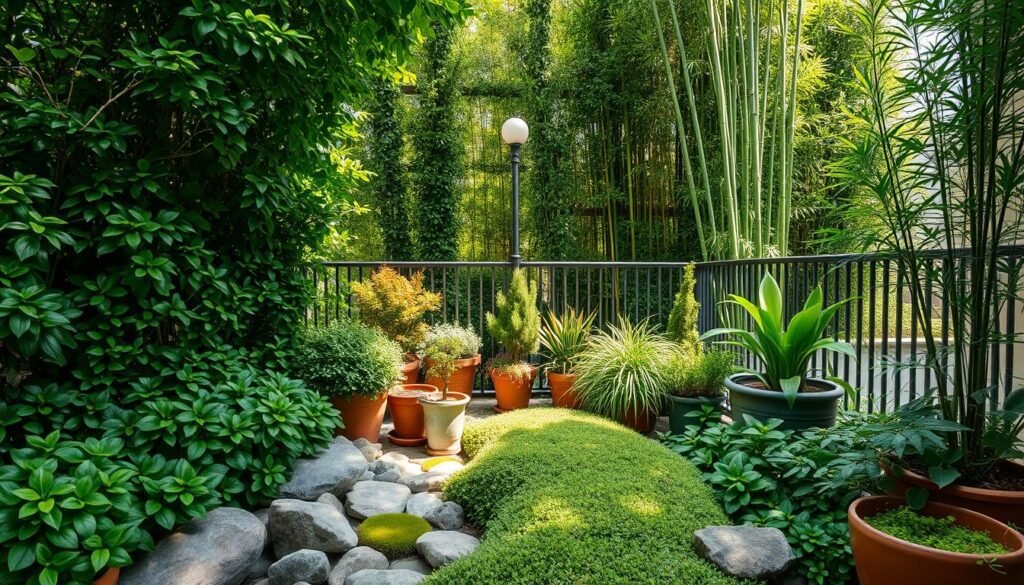 A lush, verdant balcony oasis with a natural privacy screen. Layers of evergreen foliage, from trailing ivies and compact boxwoods to tall, swaying bamboo. Dappled sunlight filters through the leafy canopy, creating a soothing, zen-like ambiance. In the foreground, a plush, mossy ground cover flows between decorative river rocks. The middle ground features a diverse mix of potted plants, their vibrant hues complementing the neutral tones of the weathered wooden slats. In the background, the balcony's steel railing disappears behind a dense, layered screen of dense greenery, establishing a serene, private oasis. Capture this natural, elegant solution for an efficient balcony sanctuary.