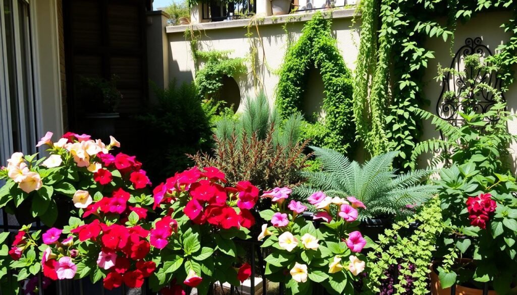 A lush, verdant balcony scene with a mix of sun-loving and shade-tolerant plants. In the foreground, a row of vibrant flowering annuals like petunias and geraniums bask in the warm sunlight, their blooms cascading over the railing. In the middle ground, a selection of evergreen shrubs and ferns thrive in the dappled shade, their rich foliage contrasting beautifully. Along the back wall, trailing vines and creepers climb up decorative trellises, adding a sense of depth and dimension. The lighting is soft and natural, with gentle shadows cast by the surrounding architecture. The overall scene conveys a sense of lush, inviting tranquility, perfectly suited for a cozy urban balcony.