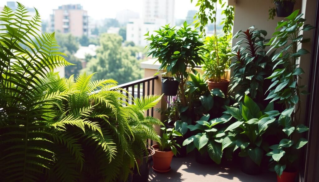 A lush, verdant balcony scene with an abundance of thriving shade-loving plants. In the foreground, a variety of ferns, begonias, and leafy green plants cascade over the railing, casting delicate shadows on the floor. In the middle ground, potted plants like cast-iron plants, Chinese evergreens, and philodendrons fill the space, creating a rich, layered tapestry of foliage. The background features a soft-focus urban landscape, with buildings and trees visible through the plants. The lighting is diffused and gentle, evoking a serene, atmospheric mood. The composition is balanced and harmonious, showcasing the beauty and resilience of shade-tolerant balcony plants.