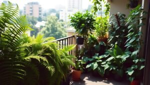 A lush, verdant balcony scene with an abundance of thriving shade-loving plants. In the foreground, a variety of ferns, begonias, and leafy green plants cascade over the railing, casting delicate shadows on the floor. In the middle ground, potted plants like cast-iron plants, Chinese evergreens, and philodendrons fill the space, creating a rich, layered tapestry of foliage. The background features a soft-focus urban landscape, with buildings and trees visible through the plants. The lighting is diffused and gentle, evoking a serene, atmospheric mood. The composition is balanced and harmonious, showcasing the beauty and resilience of shade-tolerant balcony plants.