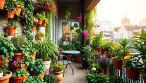 A lush, verdant balcony setting with an abundance of thriving potted plants, trailing vines, and vibrant blooms. The foreground features an eclectic mix of terracotta planters, hanging baskets, and tiered shelves overflowing with a diverse array of foliage and flowers. In the middle ground, a small bistro set is nestled amidst the greenery, inviting relaxation and enjoyment of the cozy outdoor space. The background showcases the surrounding urban landscape, with the balcony framed by warm, diffused natural lighting that creates a tranquil, serene atmosphere. The overall scene captures the essence of a harmonious, visually-appealing balcony garden, perfectly suited for a small or large space.