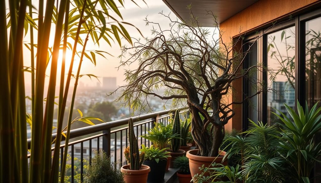 A lush, verdant balcony with a striking focal point. In the foreground, a thriving bamboo plant sways gently in the breeze, its tall, slender stems reaching towards the sky. Nestled amidst the bamboo, a captivating Witches' Broom shrub, its twisted, gnarly branches creating an intriguing, almost otherworldly silhouette. The middle ground features a mix of potted plants, their vibrant foliage adding depth and texture to the scene. Soft, diffused lighting bathes the entire balcony, creating a serene, almost magical atmosphere. In the background, the hint of a cityscape, subtle and unobtrusive, serves as a gentle reminder of the urban setting. The overall composition strikes a perfect balance between the exotic, the whimsical, and the tranquil, inviting the viewer to immerse themselves in this captivating botanical oasis.