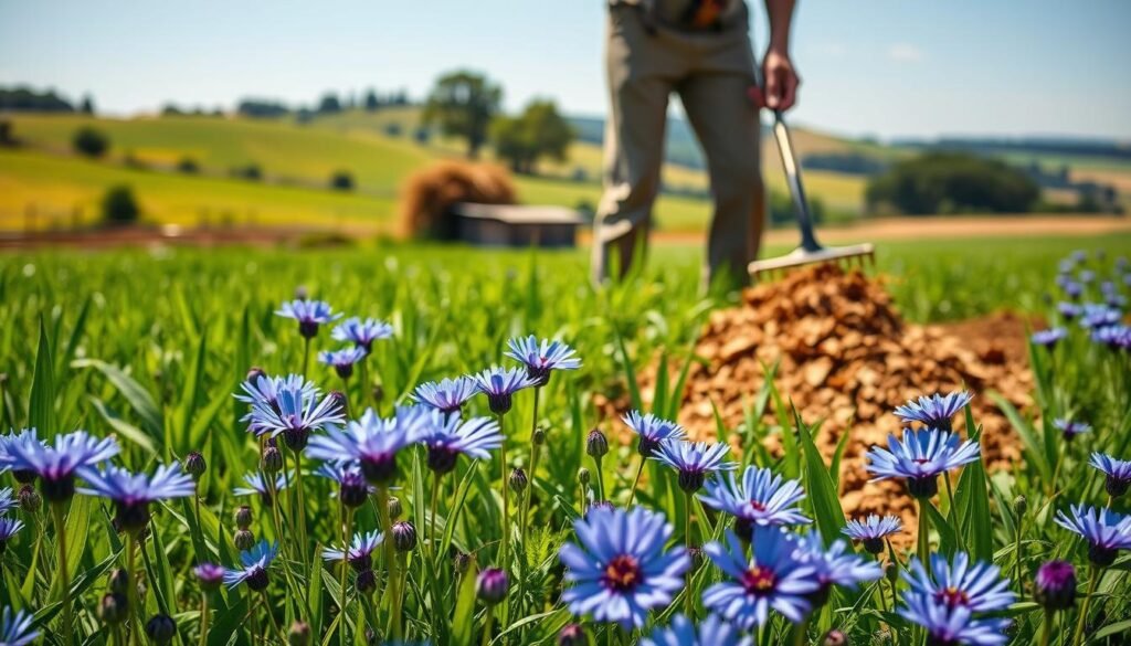 A lush, verdant field of vibrant cornflowers (Centaurea cyanus) stands in the foreground, their delicate petals swaying gently in a soft breeze. In the middle ground, a gardener carefully incorporates a mixture of organic matter, such as well-rotted compost and aged manure, into the soil using a spading fork. The background features a picturesque rural landscape, with rolling hills, a distant treeline, and a clear, blue sky overhead, illuminated by warm, golden sunlight. The scene conveys a sense of harmony and natural abundance, highlighting the importance of natural fertilization techniques for the thriving cultivation of these beautiful, traditional flowers.