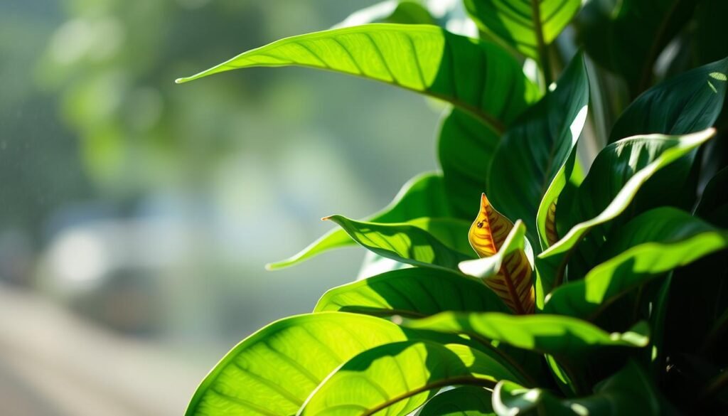 A lush, verdant funkie plant occupies the foreground, its large, glossy leaves unfurling gracefully. The lighting is soft and natural, with gentle shadows adding depth and dimension. In the middle ground, the plant's vibrant colors are accentuated, showcasing its unique texture and intricate patterns. The background fades into a serene, out-of-focus setting, allowing the focus to remain on the captivating funkie specimen. The overall atmosphere is one of tranquility and appreciation for the botanical subject, inviting the viewer to closely examine the plant's remarkable features and care requirements.