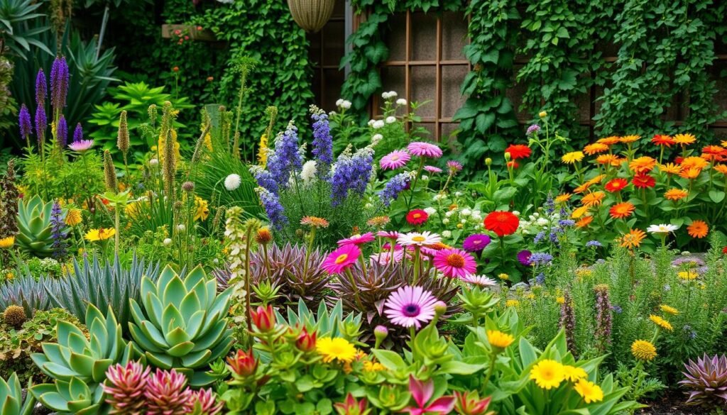 A lush, verdant garden bursting with a vibrant and cost-effective assortment of plants. In the foreground, a mix of hardy, drought-resistant succulents and low-maintenance perennials in a harmonious palette of greens, purples, and pops of color. The middle ground showcases a variety of self-seeding annuals, their delicate petals swaying gently in the soft, diffused natural light. In the background, a well-placed trellis supports climbing vines, adding height and texture to the scene. The overall composition evokes a sense of natural abundance and effortless beauty, perfectly capturing the essence of a cost-conscious, yet aesthetically pleasing garden. A lush, verdant garden bursting with a vibrant and cost-effective assortment of plants. In the foreground, a mix of hardy, drought-resistant succulents and low-maintenance perennials in a harmonious palette of greens, purples, and pops of color. The middle ground showcases a variety of self-seeding annuals, their delicate petals swaying gently in the soft, diffused natural light. In the background, a well-placed trellis supports climbing vines, adding height and texture to the scene. The overall composition evokes a sense of natural abundance and effortless beauty, perfectly capturing the essence of a cost-conscious, yet aesthetically pleasing garden.