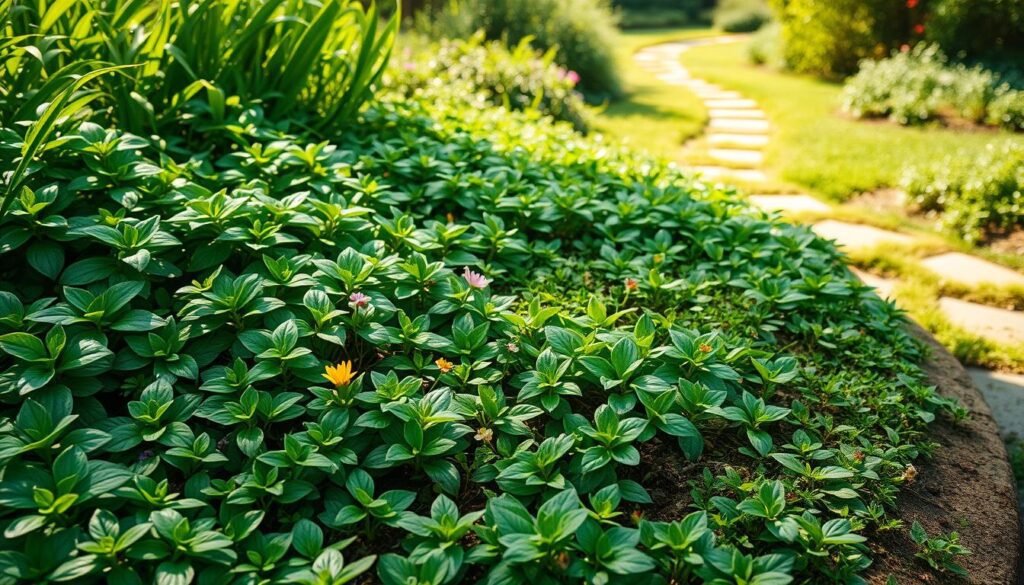 A lush, verdant garden filled with a vibrant tapestry of low-growing ground cover plants, their leaves gently rustling in the warm breeze. The foreground features a variety of Bodendecker species, their delicate foliage cascading over the soil, creating a soothing, natural carpet. In the middle ground, small, colorful flowers peek through the greenery, adding pops of vibrant hues. The background showcases a scene of tranquility, with a sun-dappled pathway winding through the serene landscape. The lighting is soft and diffused, casting a warm, inviting glow over the entire scene. The overall composition conveys a sense of harmony, highlighting the beauty and practical benefits of using Bodendecker plants in the garden. A lush, verdant garden filled with a vibrant tapestry of low-growing ground cover plants, their leaves gently rustling in the warm breeze. The foreground features a variety of Bodendecker species, their delicate foliage cascading over the soil, creating a soothing, natural carpet. In the middle ground, small, colorful flowers peek through the greenery, adding pops of vibrant hues. The background showcases a scene of tranquility, with a sun-dappled pathway winding through the serene landscape. The lighting is soft and diffused, casting a warm, inviting glow over the entire scene. The overall composition conveys a sense of harmony, highlighting the beauty and practical benefits of using Bodendecker plants in the garden.