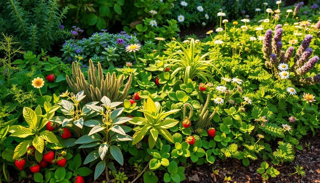 A lush, verdant garden filled with an assortment of edible ground cover plants. In the foreground, a variety of vibrant, low-growing herbs and leafy greens such as thyme, oregano, and wild strawberries cascade over the soil, their delicate foliage and tiny flowers creating a captivating tapestry. In the middle ground, clusters of edible succulents like purslane and sedum add pops of color and interesting textures, while in the background, a scattering of fragrant, flowering plants like chamomile and lavender soften the edges and infuse the scene with a soothing, natural ambiance. The lighting is soft and diffused, casting a warm, golden glow that enhances the vibrant hues and lush, inviting atmosphere. The overall composition is a harmonious celebration of the diverse culinary wonders that can be found thriving underfoot in the garden. A lush, verdant garden filled with an assortment of edible ground cover plants. In the foreground, a variety of vibrant, low-growing herbs and leafy greens such as thyme, oregano, and wild strawberries cascade over the soil, their delicate foliage and tiny flowers creating a captivating tapestry. In the middle ground, clusters of edible succulents like purslane and sedum add pops of color and interesting textures, while in the background, a scattering of fragrant, flowering plants like chamomile and lavender soften the edges and infuse the scene with a soothing, natural ambiance. The lighting is soft and diffused, casting a warm, golden glow that enhances the vibrant hues and lush, inviting atmosphere. The overall composition is a harmonious celebration of the diverse culinary wonders that can be found thriving underfoot in the garden.