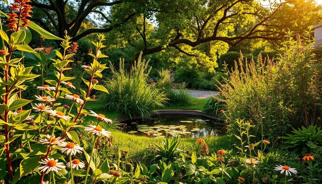 A lush, verdant garden filled with the natural cycles of life. In the foreground, a vibrant tapestry of native plants, their leaves and petals dancing in a gentle breeze. Bees and butterflies flit from bloom to bloom, pollinating the flowers. Midground, a small pond teems with aquatic life, its surface mirroring the surrounding foliage. In the background, a canopy of mature trees casts soft, dappled light, creating an atmosphere of tranquility and harmony. The scene is bathed in warm, golden light, capturing the essence of a thriving, self-sustaining natural ecosystem. A serene, immersive landscape that invites the viewer to connect with the inherent balance of the garden.