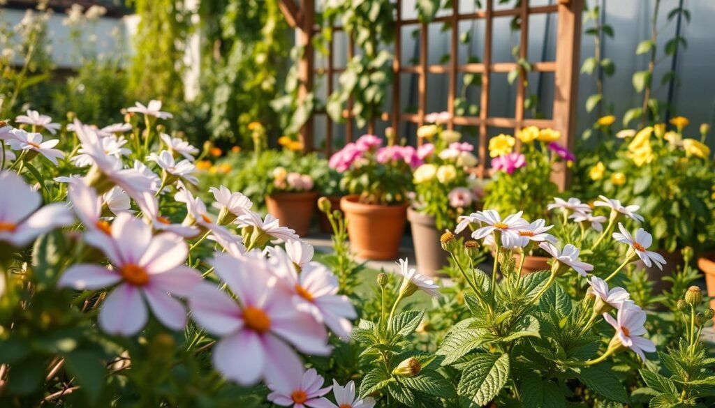 A lush, verdant garden filled with thriving flowers in soft pastel hues. In the foreground, delicate petals of pink, lavender, and yellow blooms sway gently in the warm breeze. The middle ground showcases a variety of potted plants, each meticulously tended with sustainable gardening practices, such as natural fertilizers and water-efficient techniques. In the background, a wooden trellis provides support for climbing vines, creating a serene and harmonious environment. The lighting is soft and diffused, casting a warm, golden glow over the scene, evoking a sense of tranquility and natural beauty. The overall composition conveys a message of sustainable, mindful floral care, perfectly aligned with the article's subject and section title.