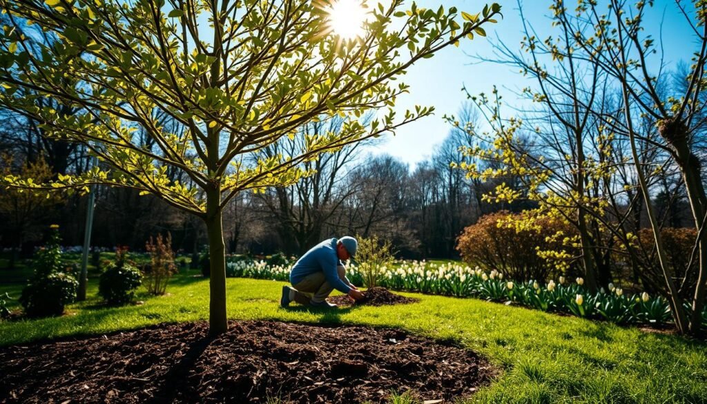 A lush, verdant garden in early spring. In the foreground, a young, vibrant tree stands tall, its branches adorned with delicate buds and tender new leaves. Sunlight filters through the canopy, casting a warm, golden glow over the scene. In the middle ground, a gardener kneels, carefully tending to the tree's roots, applying a layer of rich, organic mulch. The background is a tapestry of blooming flowers, budding shrubs, and a clear, blue sky. The atmosphere is serene, peaceful, and filled with the promise of renewal and growth. A canon DSLR camera captures this idyllic springtime moment, showcasing the essential task of nurturing and caring for young trees during the vital early stages of their life cycle.