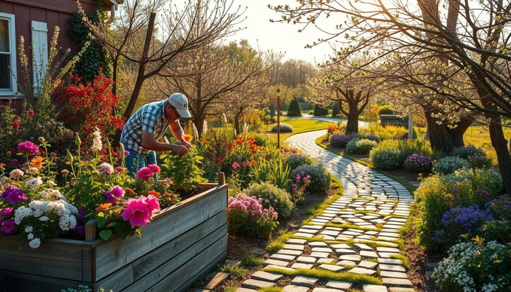 A lush, verdant garden in the soft golden light of a spring afternoon. In the foreground, a gardener carefully tends to a raised flower bed, pruning delicate blooms and adding nutrient-rich soil. Mid-ground, a cobblestone path winds through a tapestry of vibrant foliage - native wildflowers, leafy perennials, and cascading vines. In the distance, a well-tended orchard shimmers, the branches heavy with budding fruit. The scene exudes a sense of peaceful harmony, a natural oasis nurtured by the gentle, rhythmic work of the gardener's hands. The image conveys the beauty and tranquility of a well-cared-for, seasonal garden - a verdant haven that reflects the hard work and dedication of its caretaker.